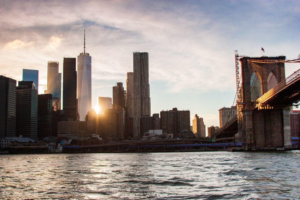 Brooklyn bridge sunset from water