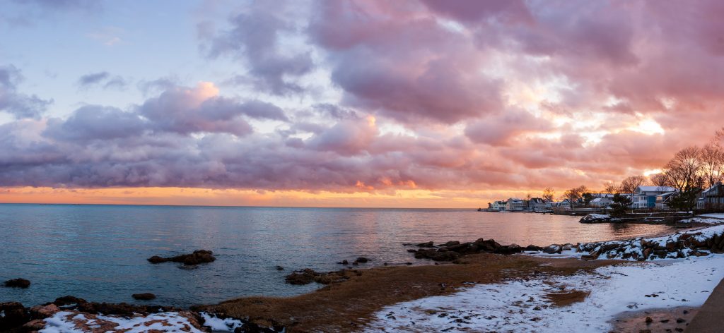 Sunset winter snow Long Island Sound